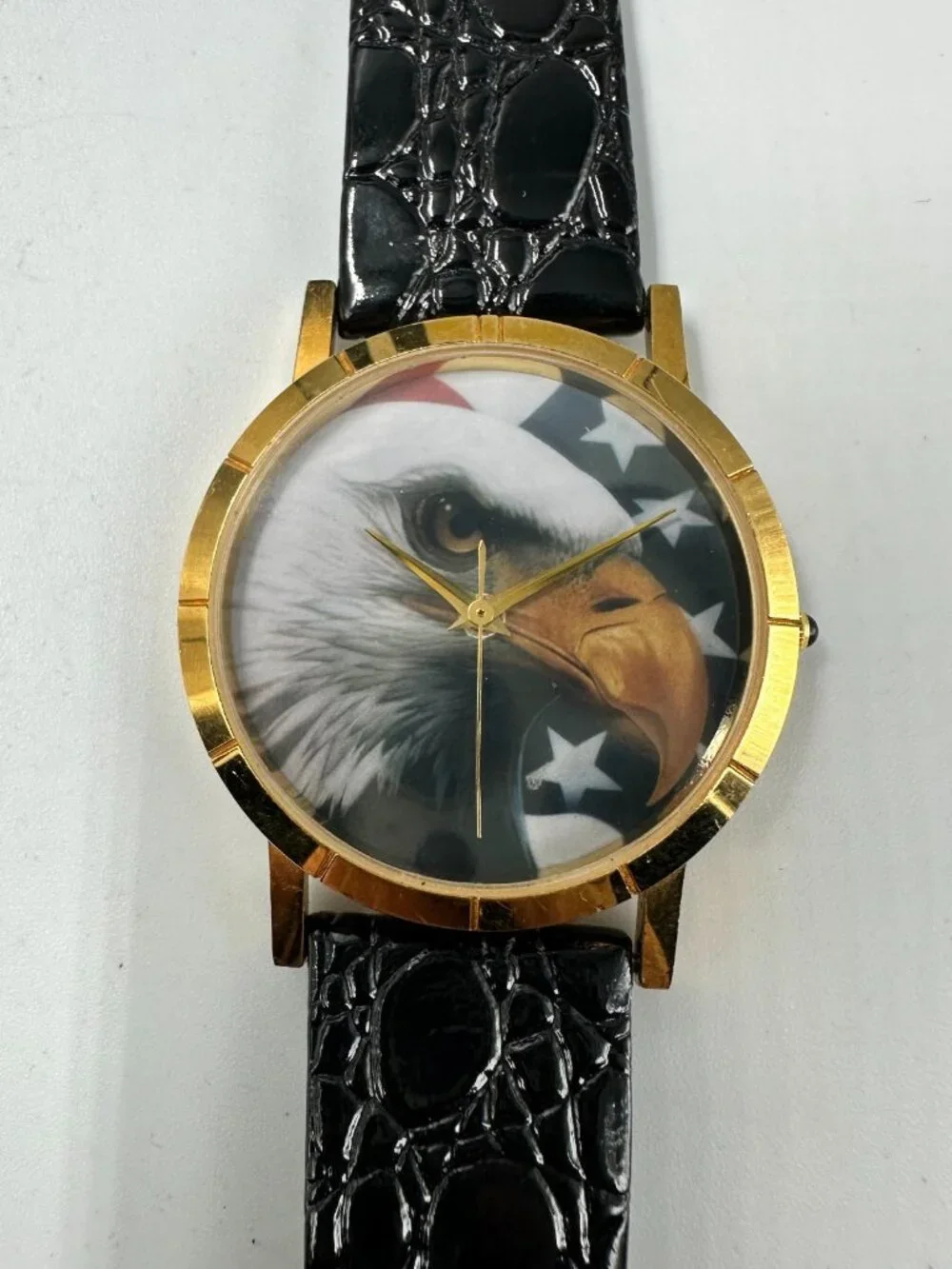 Bald Eagle Watch Men Gold Tone American Flag Black Leather Band New Battery 9.5